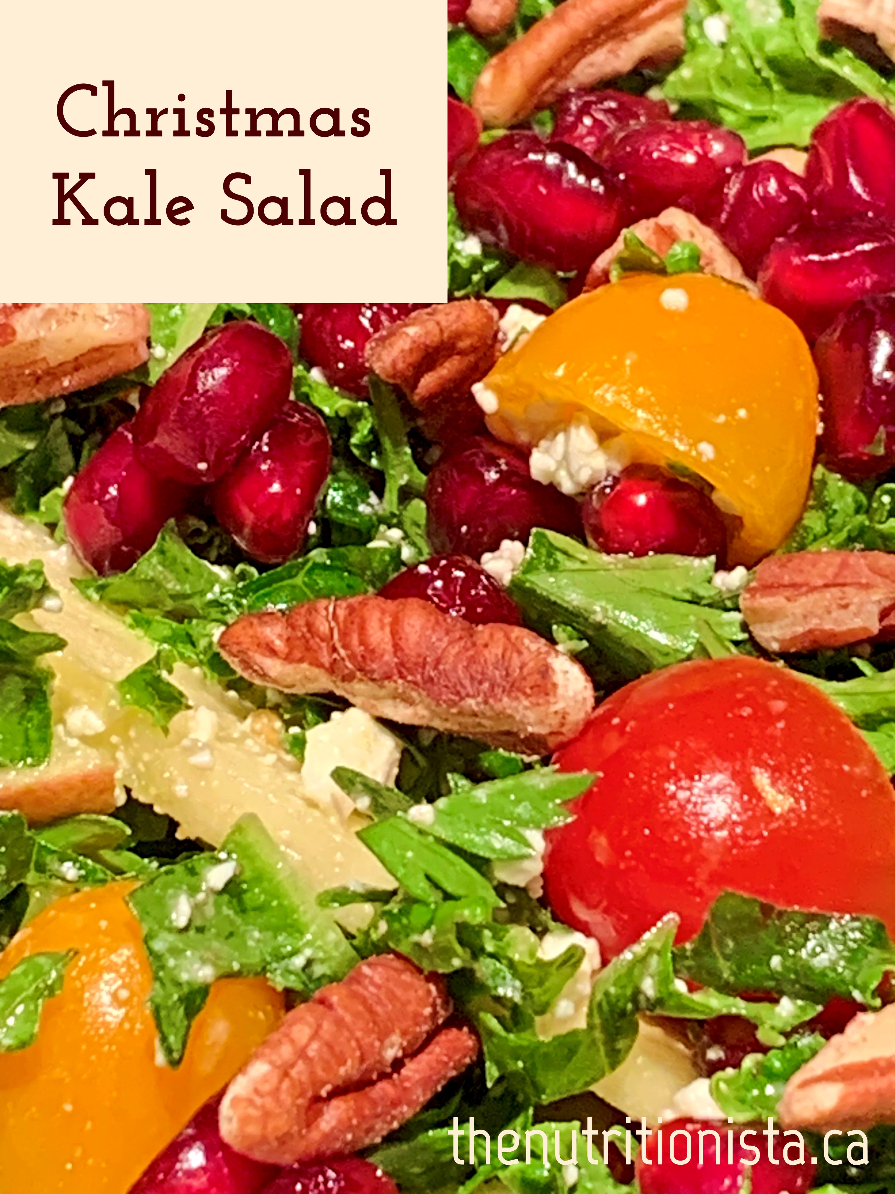 The most delicious healthy Christmas kale salad with pomegranate seeds, pecans, and more for your holiday dinner!