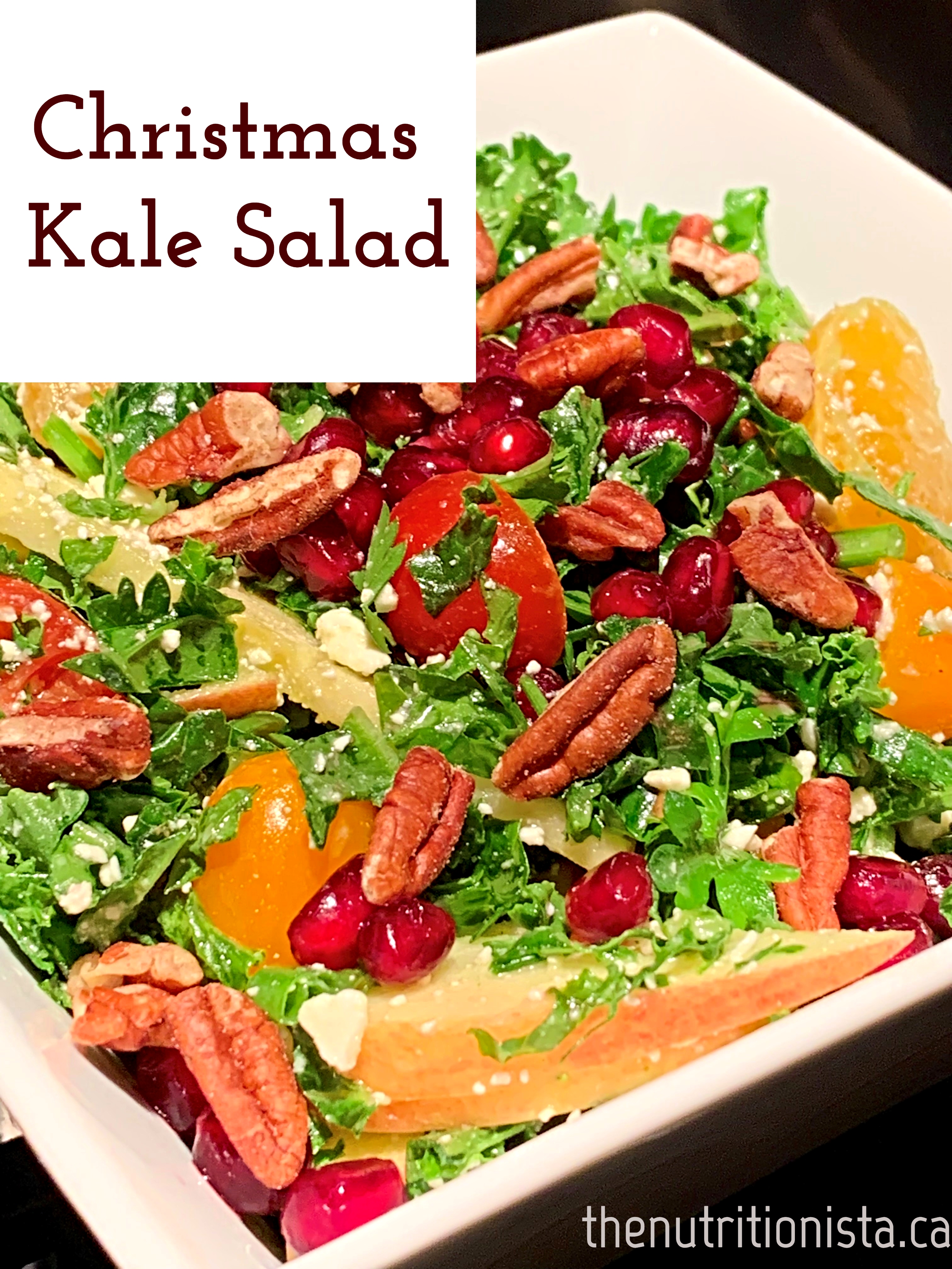 The most delicious healthy Christmas kale salad with pomegranate seeds, pecans, and more for your holiday dinner!